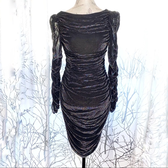 Vintage Dresses & Skirts - Vintage black metallic rainbow stripe cinched scrunched sheer long sleeve dress